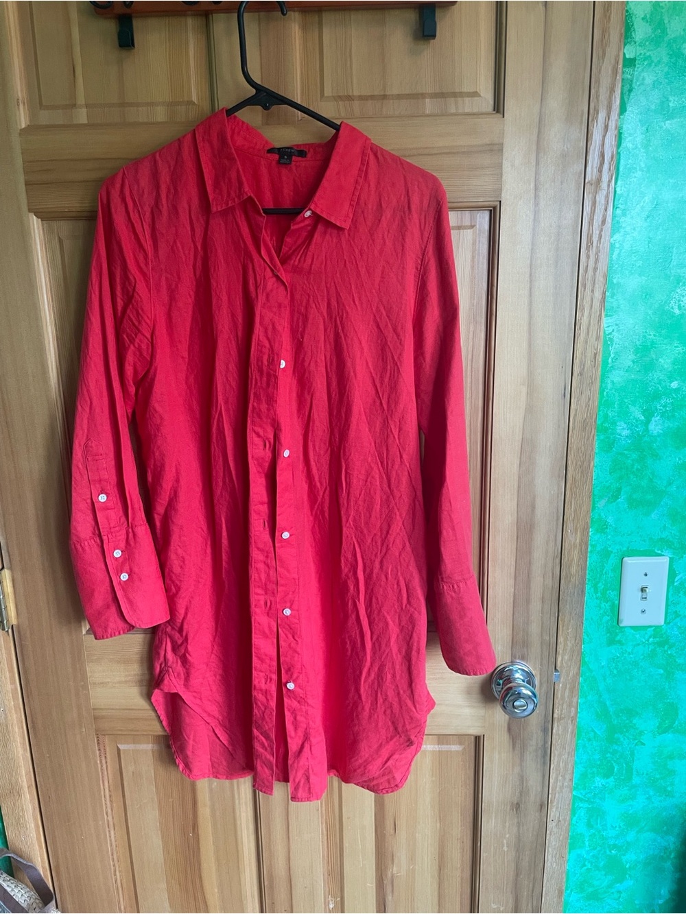 Red Women's Midi Shirt Dress - Classic Button Front, Linen and Cotton, Sz S